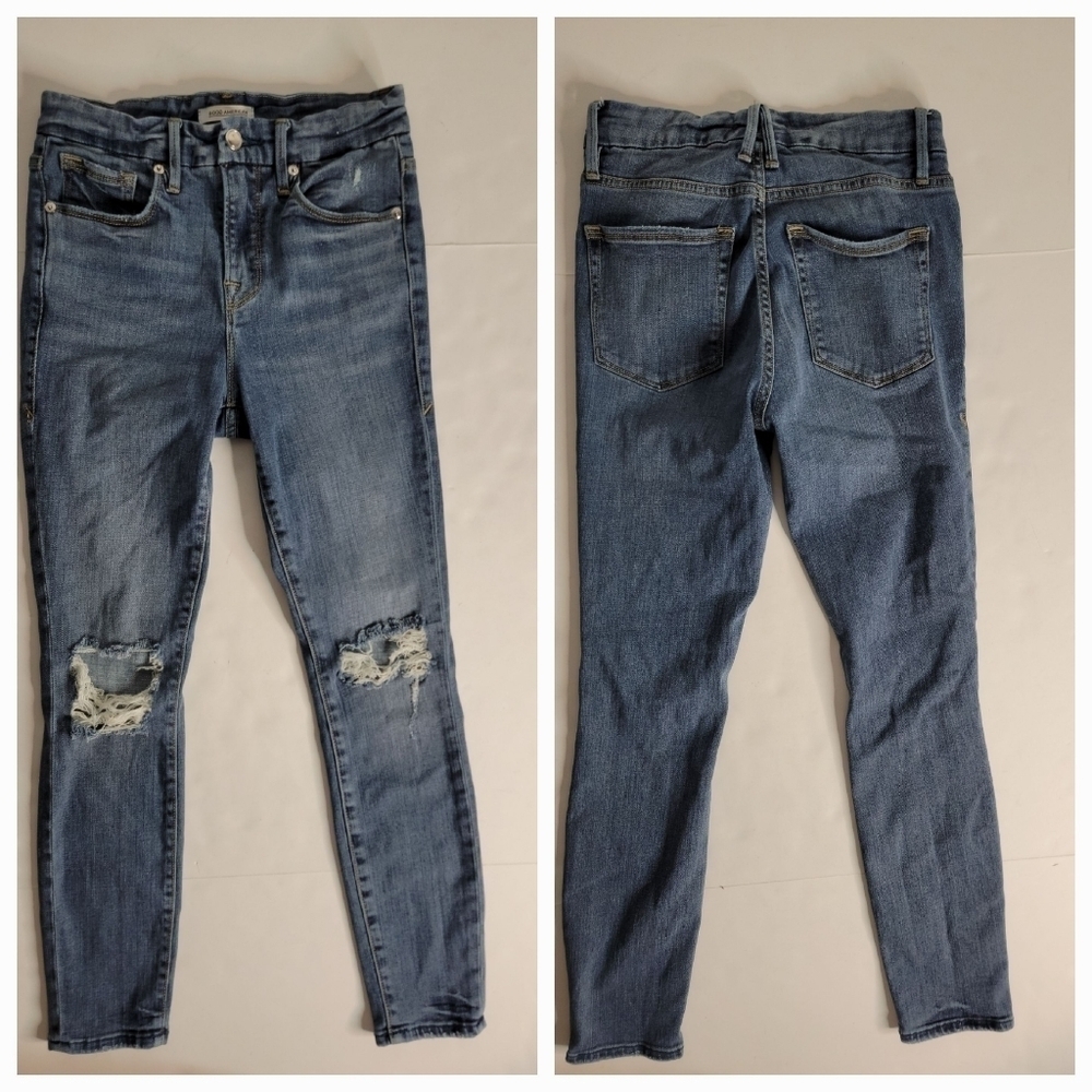 Good American Sz 0/25 Jeans Good Leg Crop High Rise Stretch Distressed